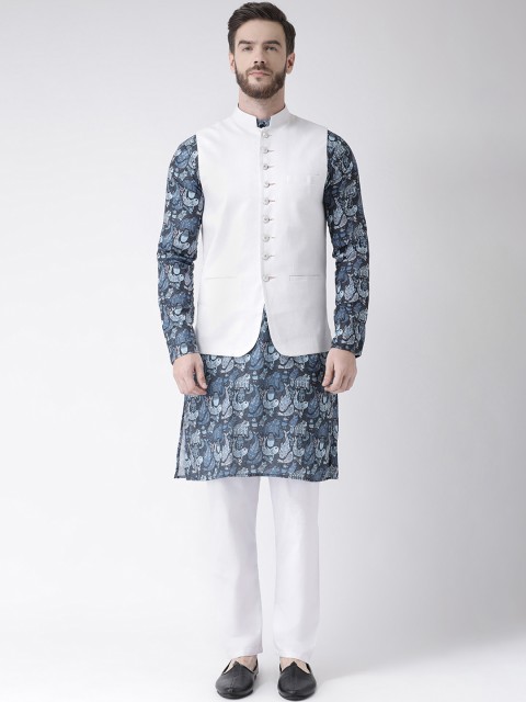 

Hangup Men Blue & White Solid Kurta with Pyjamas & Nehru Jacket