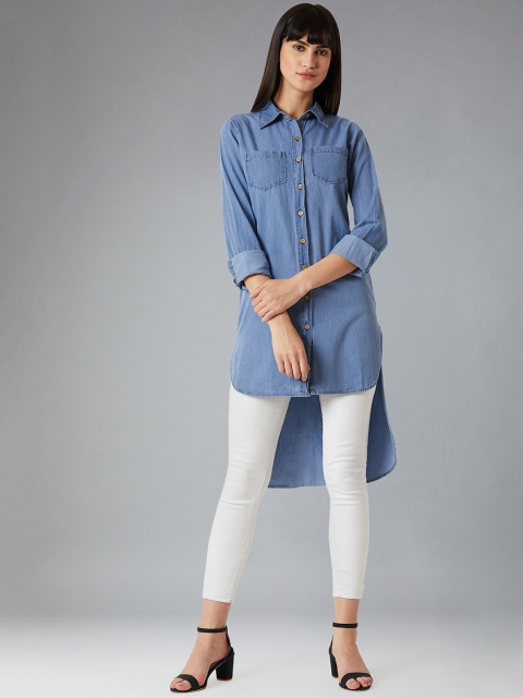 

DOLCE CRUDO Women Blue Solid Denim Shirt Tunic