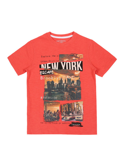 

Pantaloons Junior Boys Coral Red Printed Round Neck Pure Cotton T-shirt