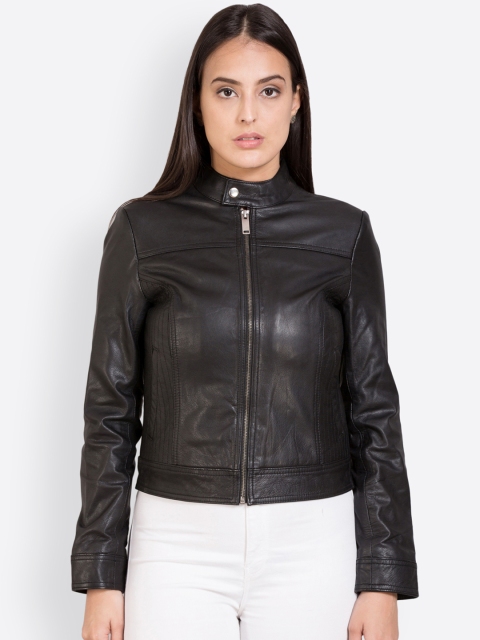 

Justanned Women Black Solid Leather Jacket