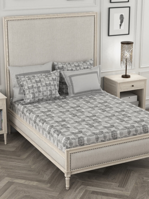 

Trident Grey & White Abstract 300 TC Cotton 1 King Bedsheet with 4 Pillow Covers