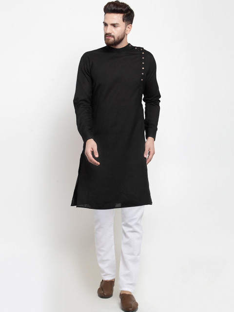 

TREEMODA Men Black & White Solid Linen Kurta with Pyjamas
