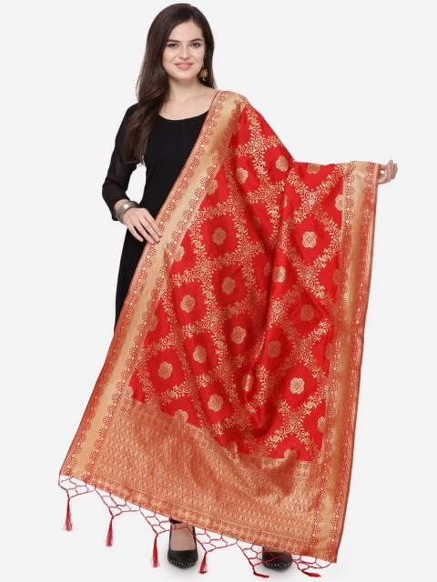 

Satrani Red & Gold-Coloured Woven Design Jacquard Banarasi Dupatta