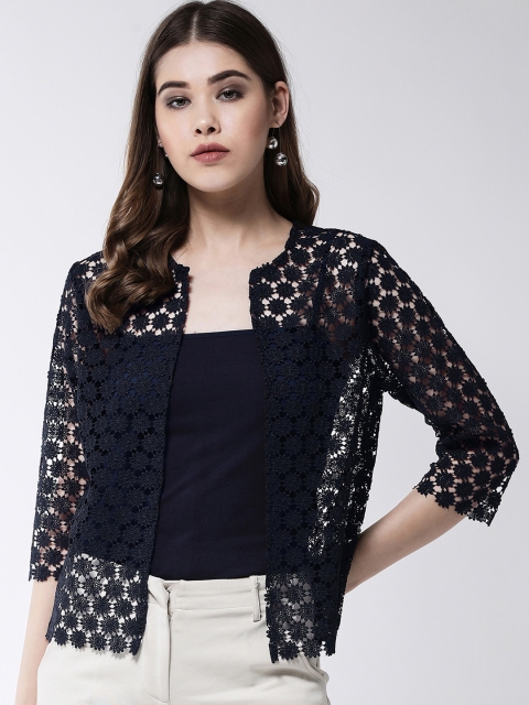 

MAGRE Women Navy Blue Self Design Open Front Shrug