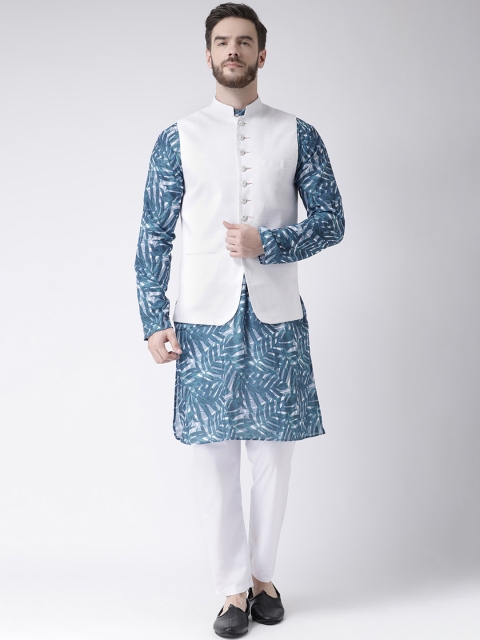 

Hangup Men Blue & White Solid Kurta with Pyjamas & Nehru Jacket