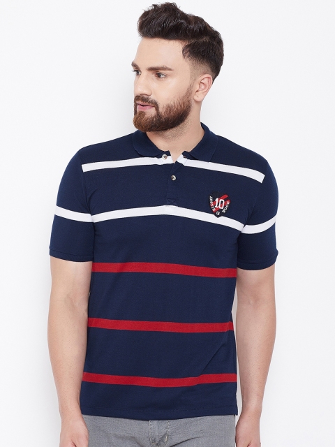 

Austin wood Men Navy Blue Striped Polo Collar T-shirt