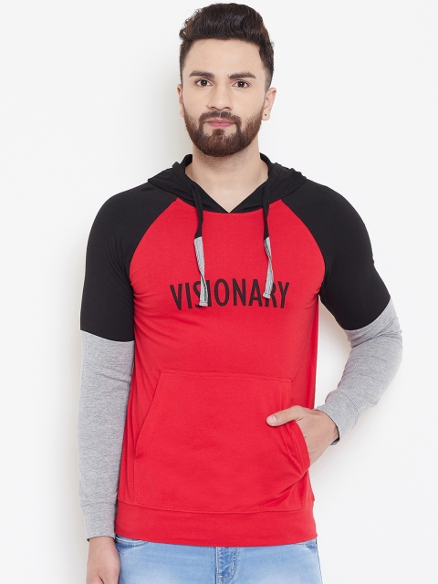 GRITSTONES Men Red Colourblocked Hooded T-shirt