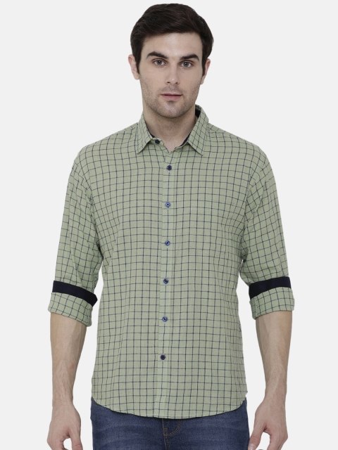 

CAVALLO by Linen Club Men Cotton Linen Olive Green Regular Fit Checked Casual Shirt