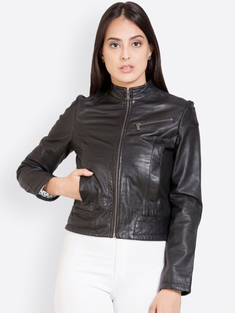 

Justanned Women Black Solid Leather Jacket