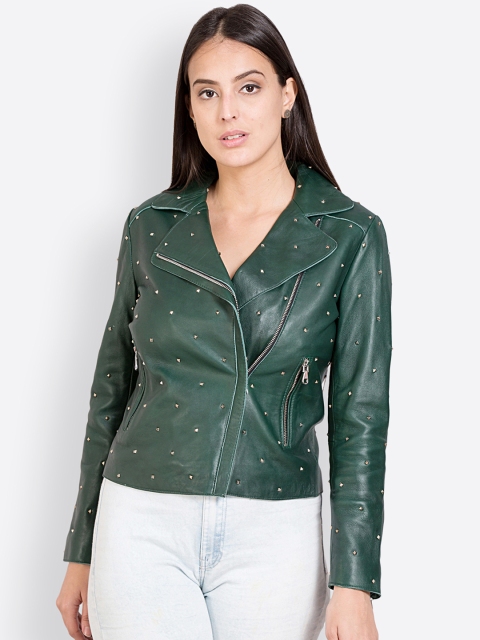 

Justanned Women Green Studed Leather Jacket