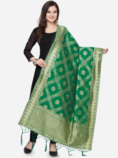 

Satrani Green & Gold-Coloured Woven Design Jacquard Banarasi Dupatta