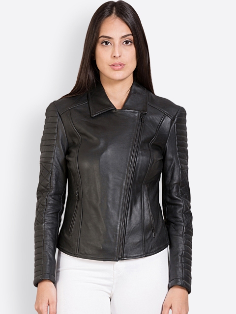 

Justanned Women Black Solid Leather Jacket