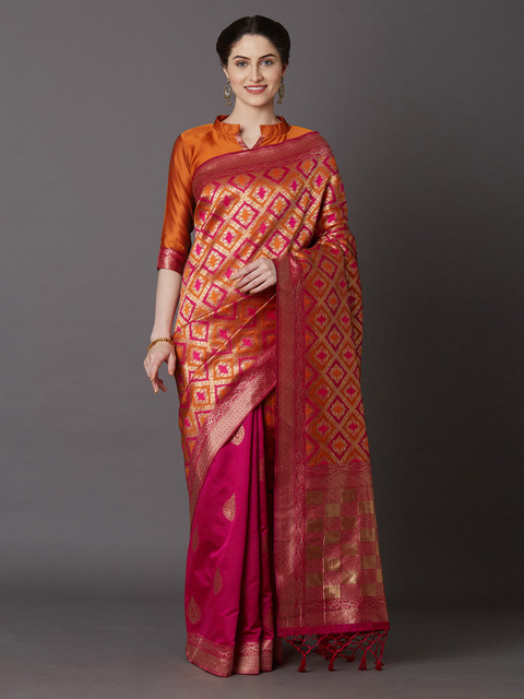

Mitera Pink & Orange Silk Blend Woven Design Kanjeevaram Saree