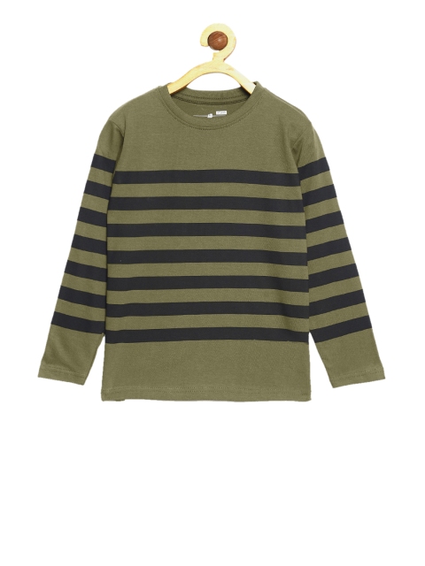 

DILLINGER Boys Olive Green Striped Round Neck Pure Cotton T-shirt