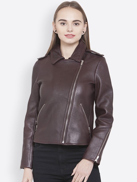 

Justanned Women Burgundy Solid Leather Jacket