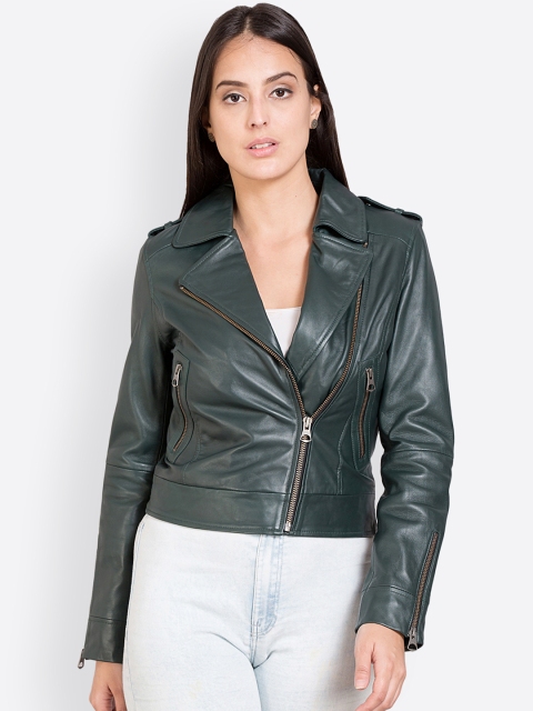 

Justanned Women Green Solid Leather Jacket