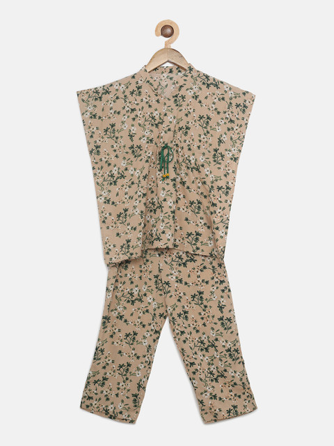 

The Kaftan Company Girls Beige & Green Printed Night Suit