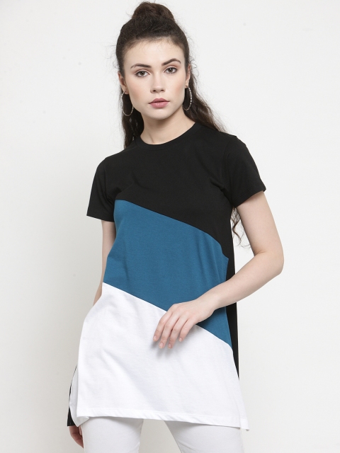 

Kalt Women White & Teal Blue Colourblocked Round Neck Longline T-shirt