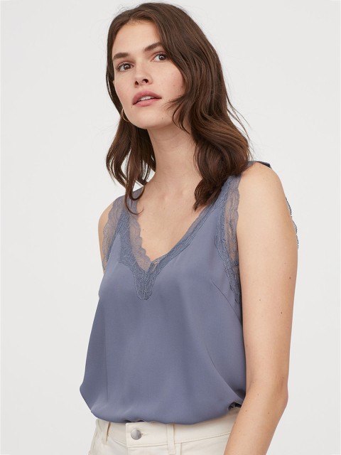 

H&M Women Blue Solid Satin Top With Lace