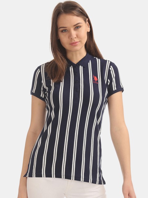 

U.S. Polo Assn. Women Navy Blue Striped Polo Collar T-shirt
