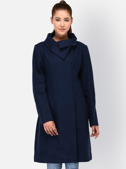 

Owncraft Women Navy Blue Solid Double-Breasted Woolen Overcoat