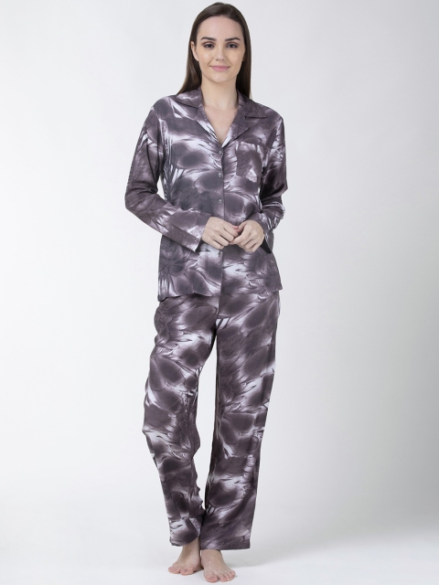 

ADORENITE Women Purple & White Tropical Printed Night Suit