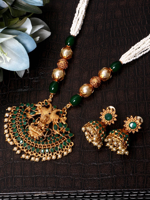 

Anikas Creation Women Gold-Plated & Green Stone Studded Maa Laxmi Jewellery Set