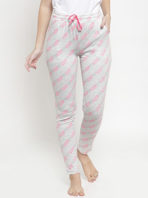 

Boston Club Women Grey & Pink Printed High-Rise Lounge Pants, Grey melange
