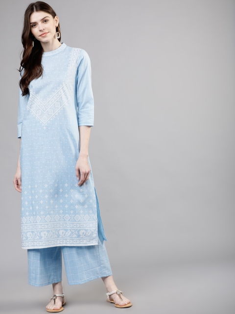 

Vishudh Women Blue & White Printed Kurta with Palazzos