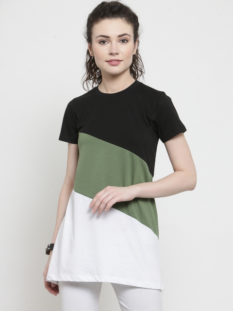 

Kalt Women White & Olive Green Colourblocked Round Neck Longline T-shirt