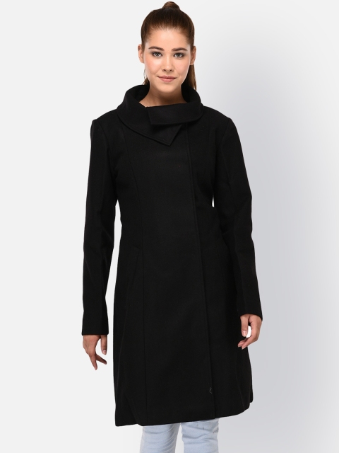 

Owncraft Women Black Solid Double-Breasted Woollen Overcoat