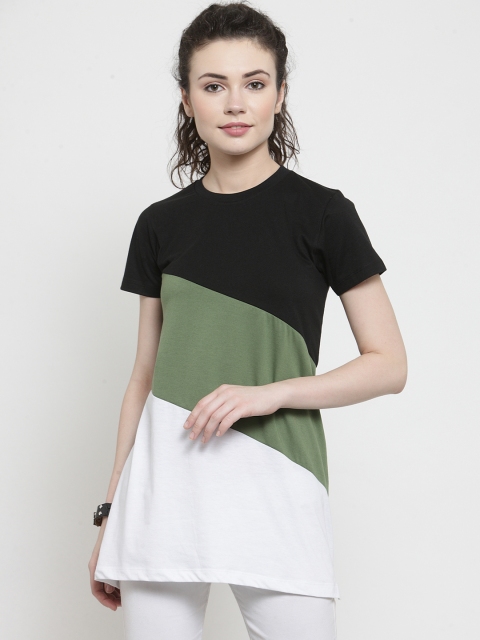 

Kalt Women White & Olive Green Colourblocked Round Neck Longline T-shirt