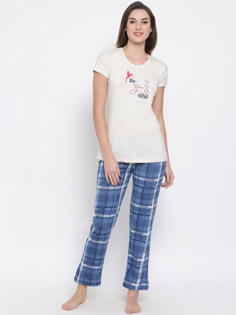 

Clovia Women Beige Printed Top & Blue Checked Pyjama Night Suit LS0473P24XXL