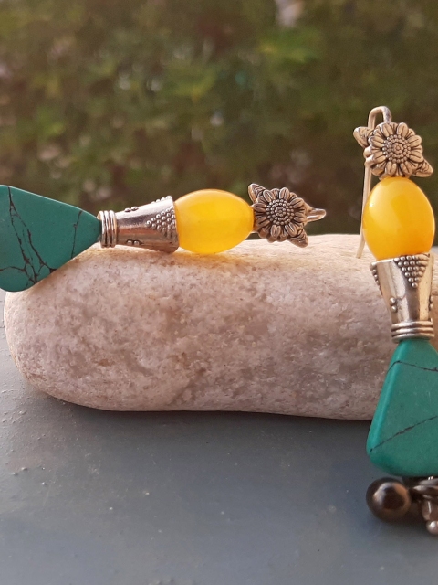 

Anetra Yellow & Turquoise Blue Silver-Plated Handcrafted Geometric Drop Earrings