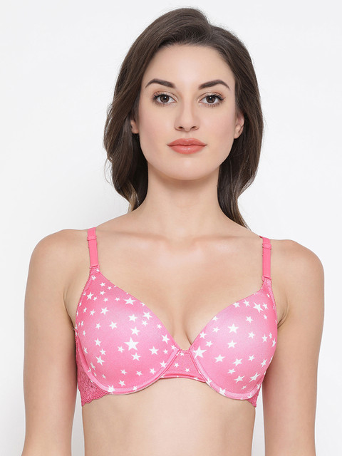 

Clovia Pink & White Printed Underwired Lightly Padded T-shirt Bra BR1660P14
