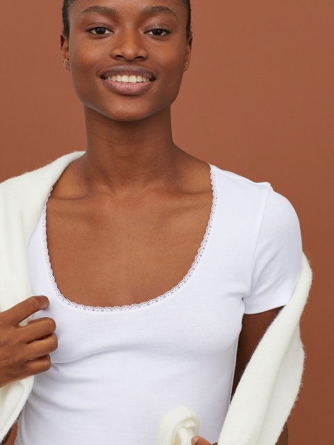 

H&M Women White Solid Jersey Top With Lace