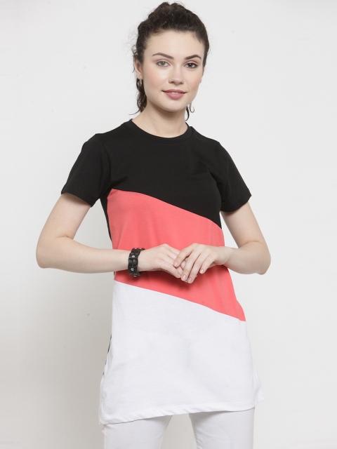 

Kalt Women White & Peach-Coloured Colourblocked Round Neck Longline T-shirt