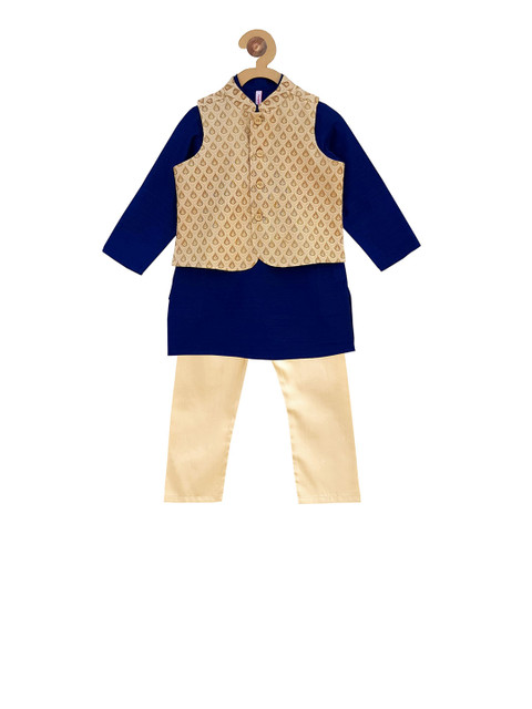 

Campana Boys Navy Blue & Gold-Toned Self Design Kurta Set