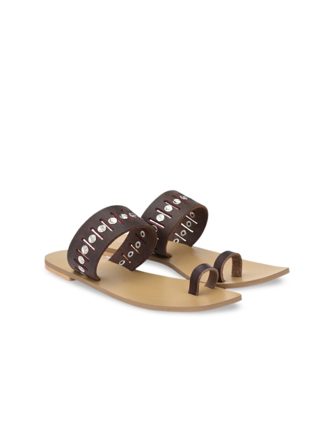 

AADY AUSTIN Women Brown Embellished Leather One Toe Flats