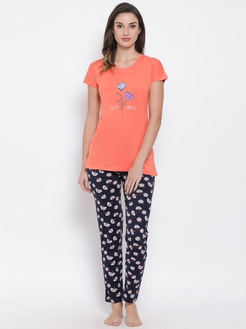 

Clovia Women Orange & Navy Blue Printed Night Suit LS0471A16