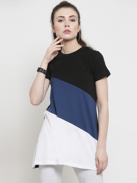 

Kalt Women White & Blue Colourblocked Round Neck Longline T-shirt