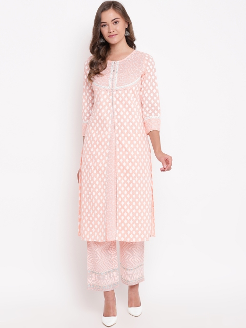 

Be Indi Women Peach-Coloured & Off-White Floral Printed A-Line Kurta