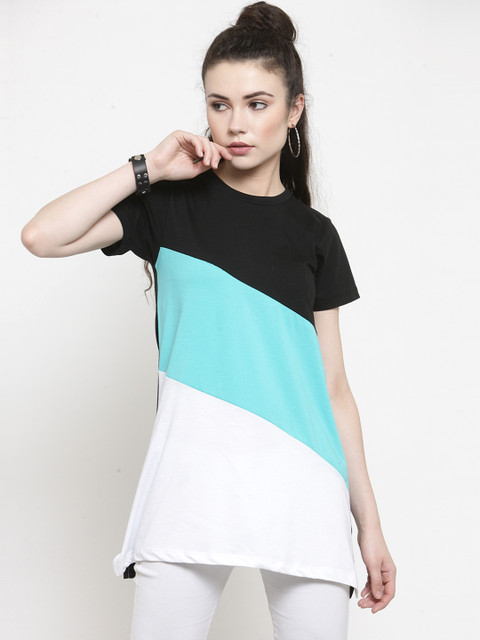 

Kalt Women White & Turquoise Blue Colourblocked Round Neck Longline T-shirt