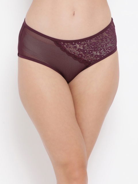 Clovia Women Burgundy Solid Sheer Mid-Rise Hipster Briefs PN3349P15