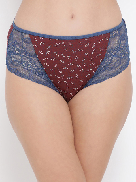 

Clovia Women Maroon & Blue Printed Mid Rise Lace Hipster Briefs PN3233P093