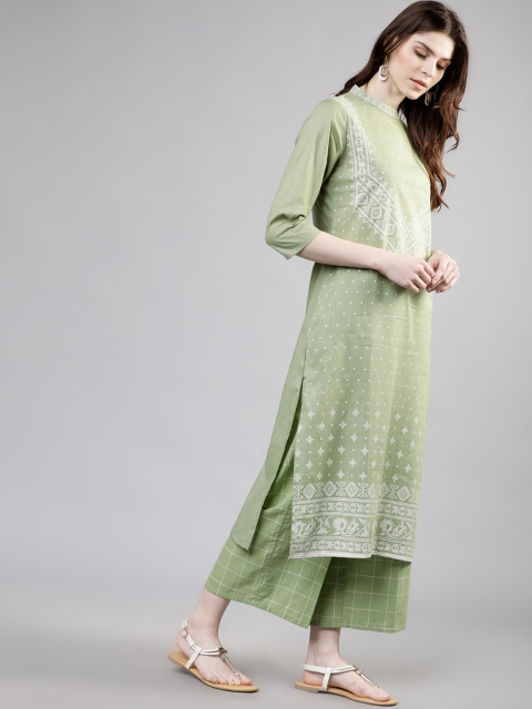 

Vishudh Women Green & White Printed Kurta with Palazzos