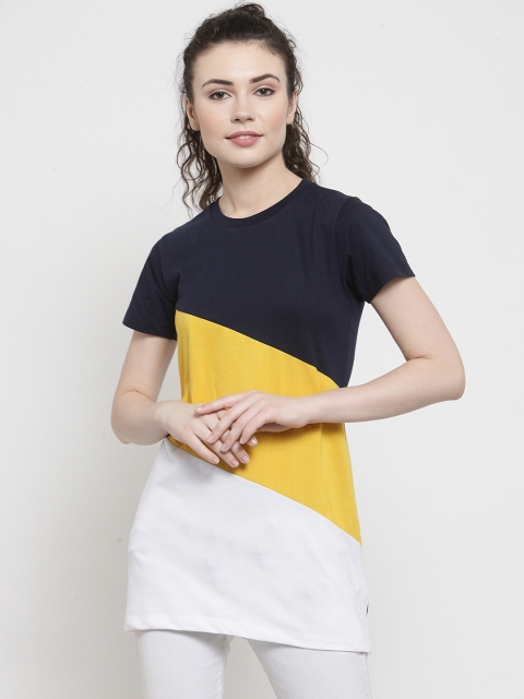

Kalt Women White & Yellow Colourblocked Round Neck Longline T-shirt