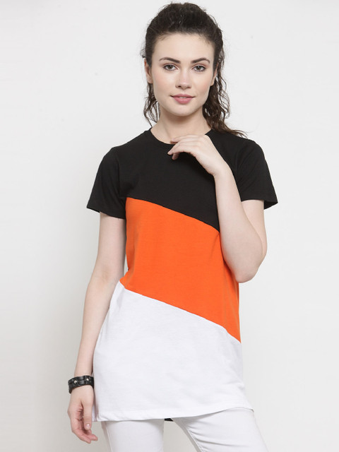 

Kalt Women White & Orange Colourblocked Round Neck Longline T-shirt