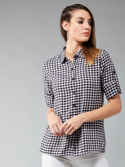 

DOLCE CRUDO Women Navy Blue & White Regular Fit Checked Casual Shirt