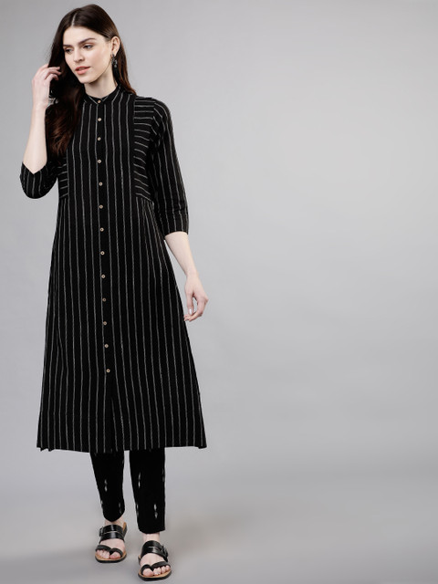 

Vishudh Women Black & Off-White Striped Kurta with Palazzos